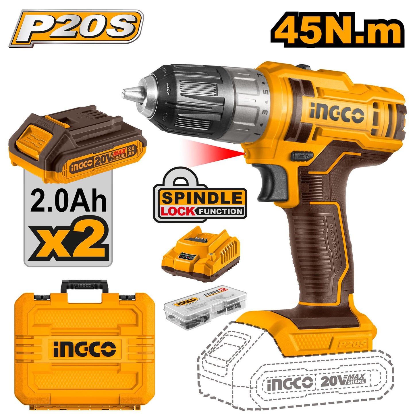 Ingco Lithium Ion Cordless Drill 20V 1500 rpm 45 Nm 10 mm Spindle lock function Plastic Chuck  Heavy Duty in Pakistan 