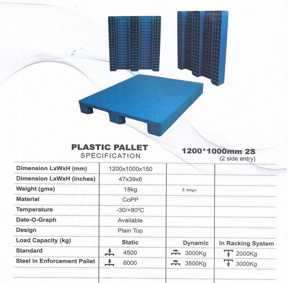 Plastic Pallet Plain Top Heavy Duty 2 Side Entry Standard 4500 kg in Pakistan