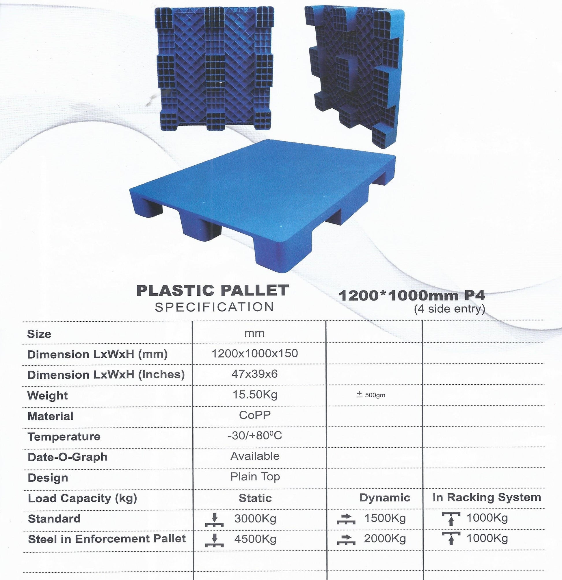 Plastic Pallet Plain Heavy Duty 4 Side Entry Standard 3000 kg in Pakistan