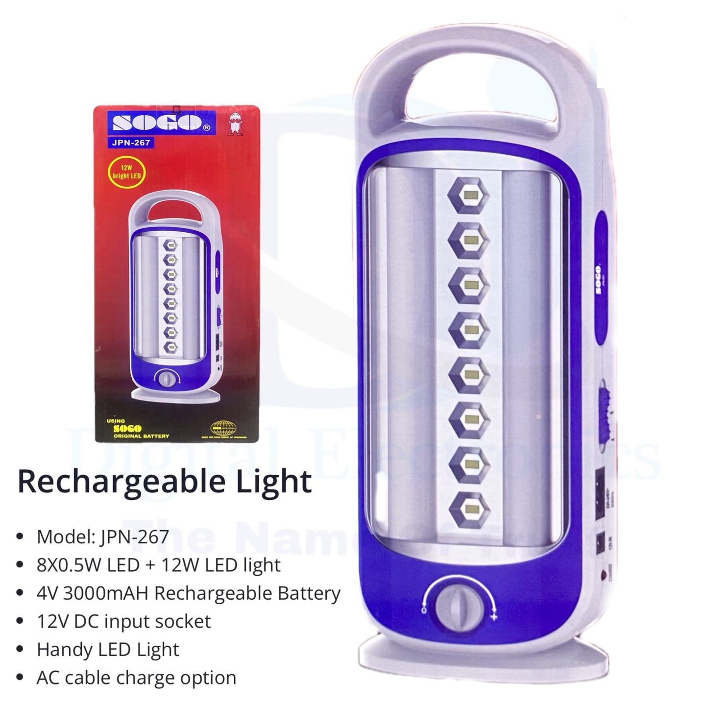 Sogo Rechargeable Light JPN 267 AC Cable Charge Option in Pakistan