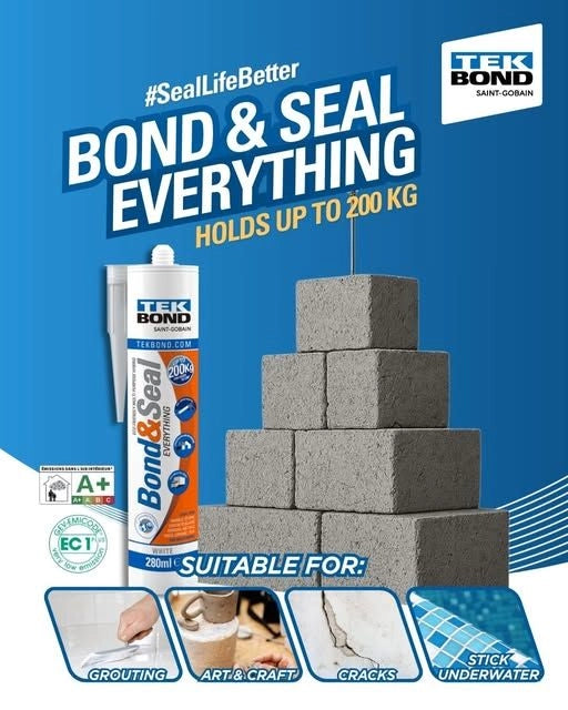 TEKBOND Bond & Seal Hybrid 200 kg White 280 ml Perfect Mirrors, Windows Doors in Pakistan 