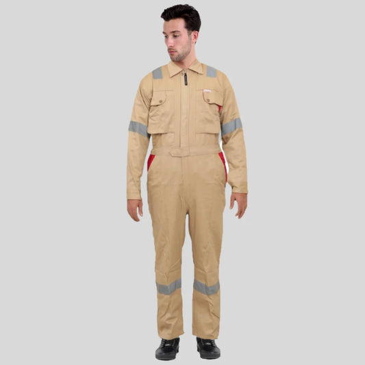 Industrial Uniform Six Functional Pockets Cotton Coverall Beige Red 100 Percent Cotton Comfortable Light Weight in Pakistan