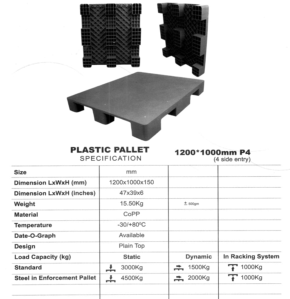 Plastic Pallet Black Plain Heavy Duty 4 Side Entry Standard 3000 kg in Pakistan