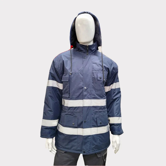 Quilted Parka Jacket High Visibility Colors Reflective Tape Multiple Storage Pockets Removable Hood in Pakistan