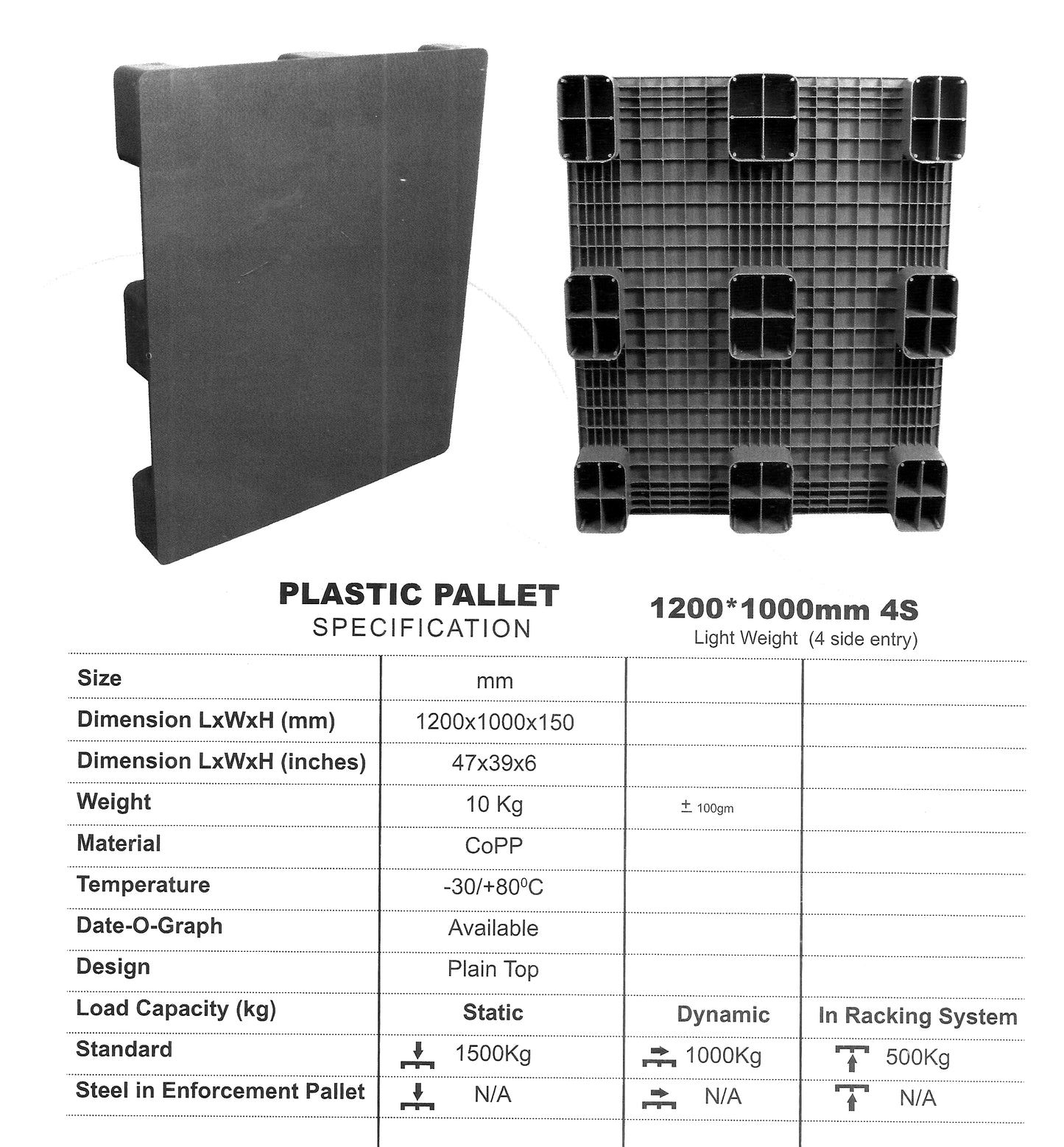 Plastic Pallet Black Plain Top Heavy Duty 4 Side Entry Standard 1500 kg in Pakistan 