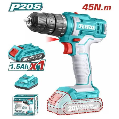 Total Lithium Ion Cordless Drill 20V 45 NM 2 Speed Gear 2 Pcs Battery Pack Heavy Duty in Pakistan