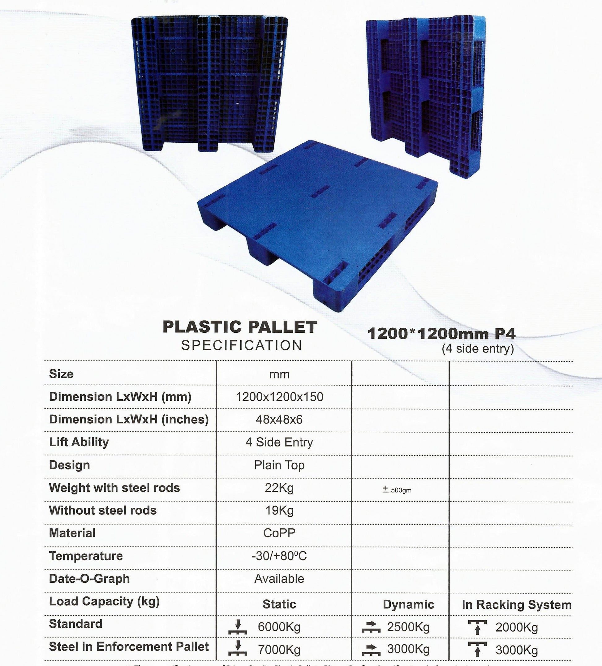Plastic Pallet Plain Top Heavy Duty 4 Side Entry Standard 6000 kg in Pakistan
