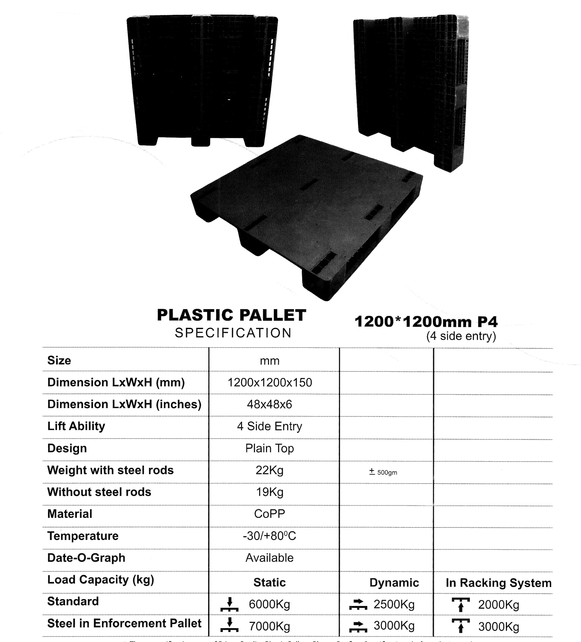 Plastic Pallet Plain Top Heavy Duty 4 Side Entry Standard 6000 kg in Pakistan