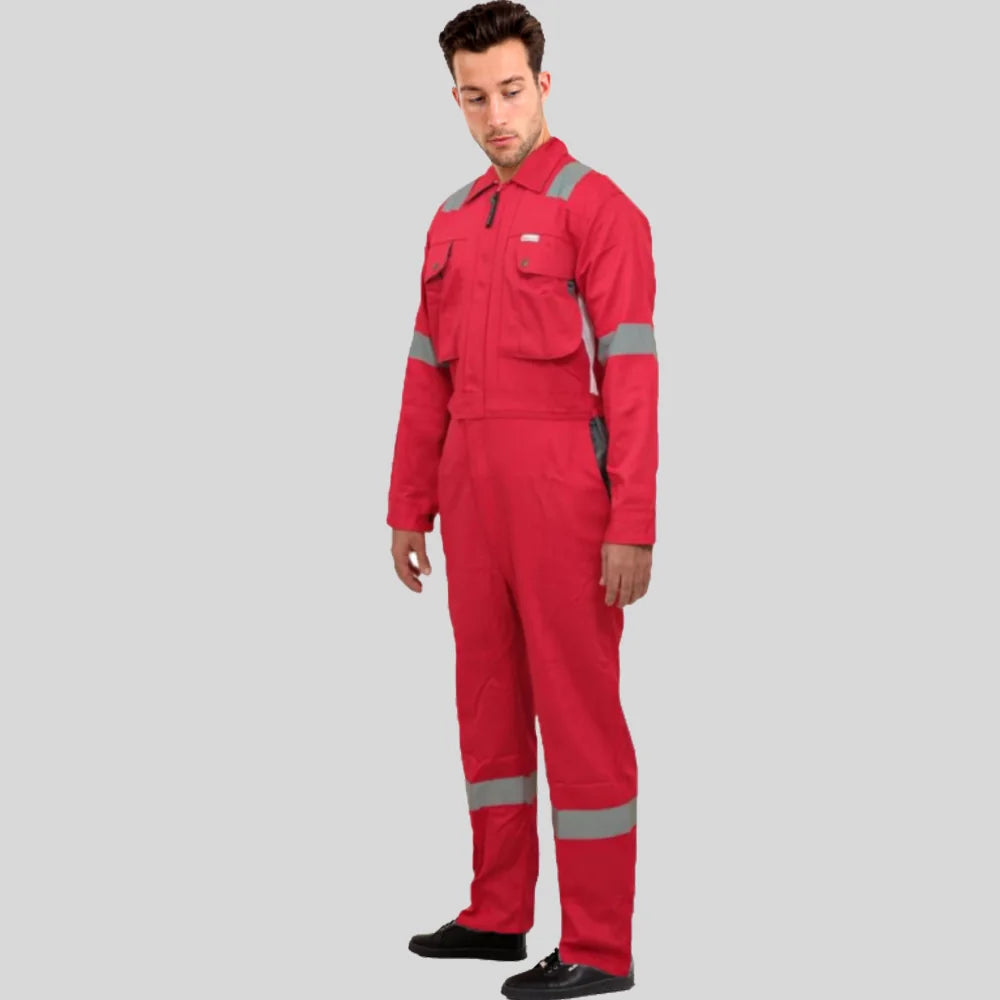 Industrial Uniform Six Functional Pockets Cotton Coverall Red Gray 100 Percent Cotton Comfortable Light Weight in Pakistan