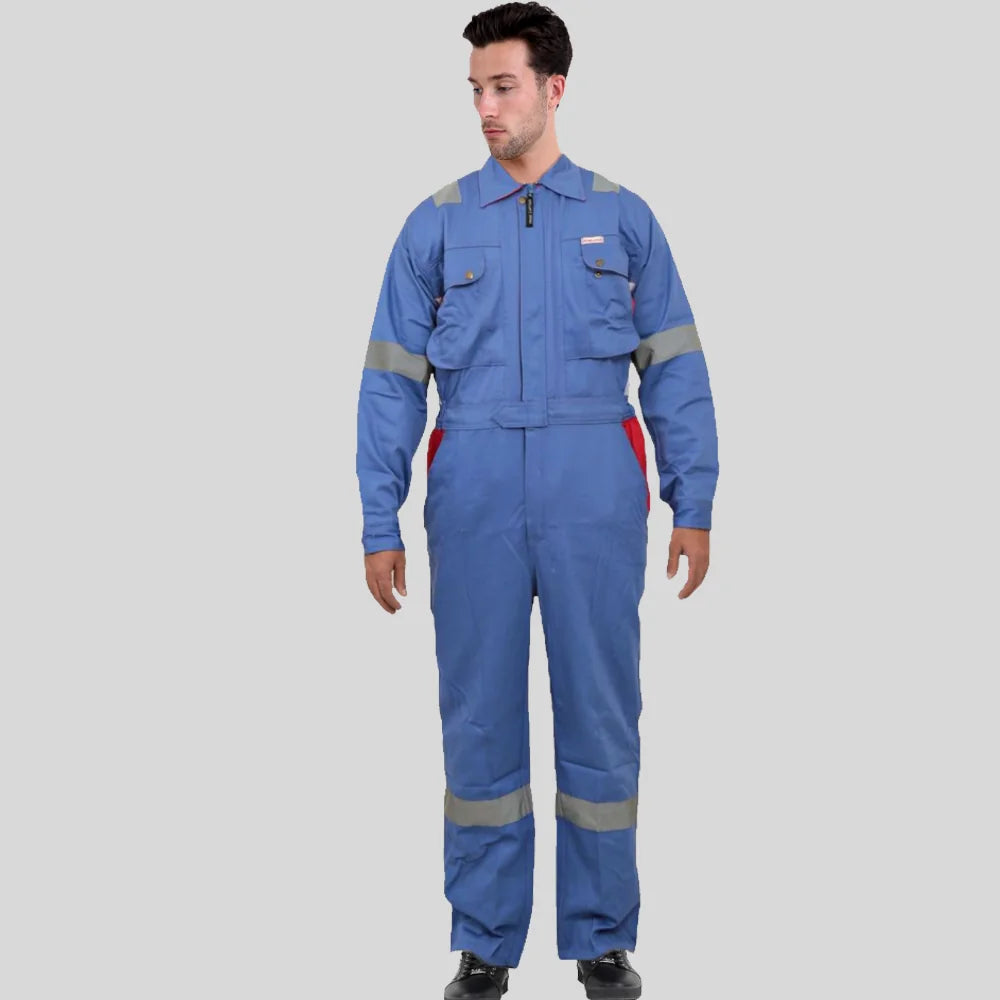 Industrial Uniform Six Functional Pockets Cotton Coverall Sky Blue Red 100 Percent Cotton Comfortable Light Weight in Pakistan