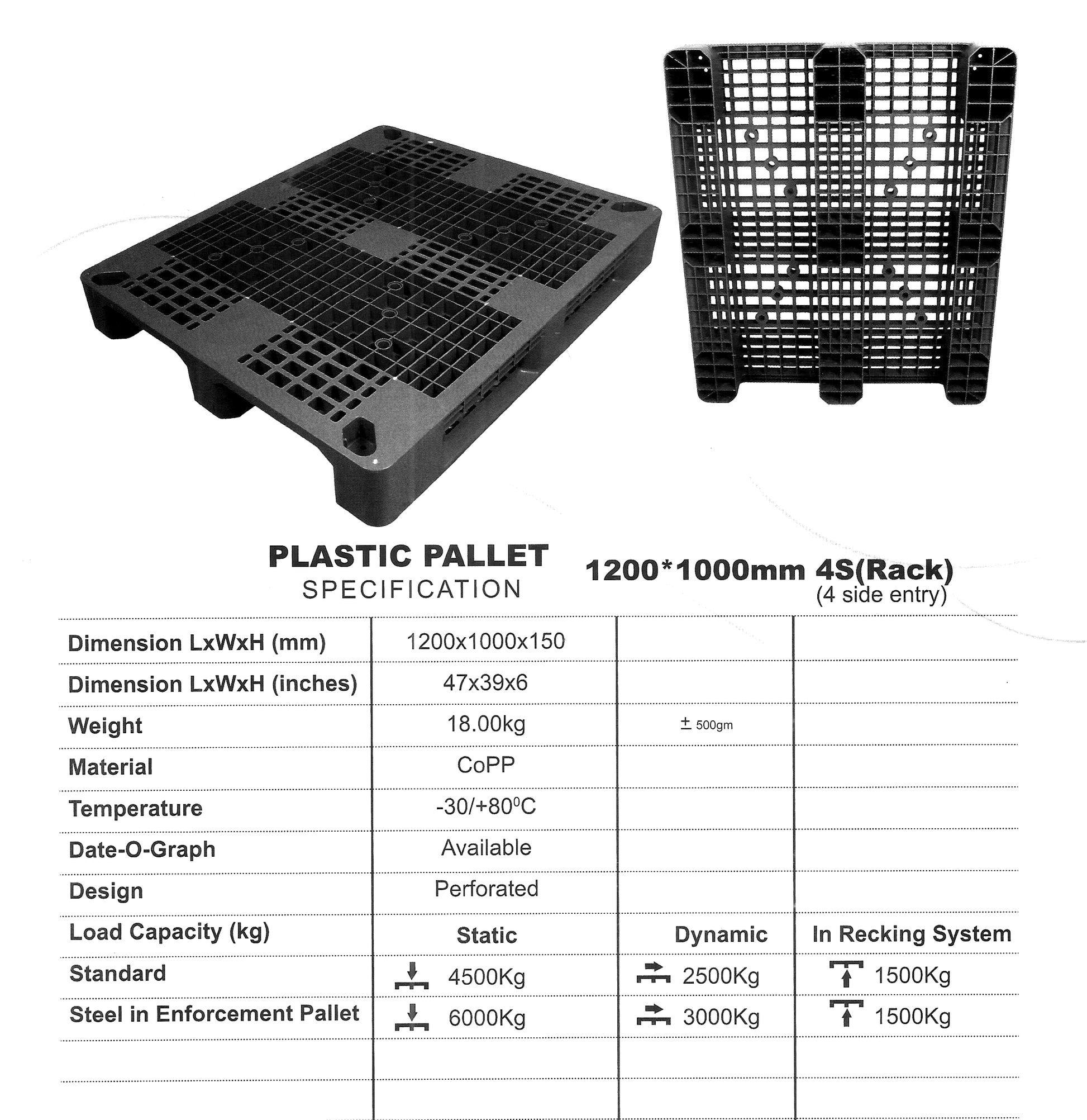 Plastic Pallet Black Perforated Heavy Duty 4 Side Rack Entry Standard 4500 kg in Pakistan