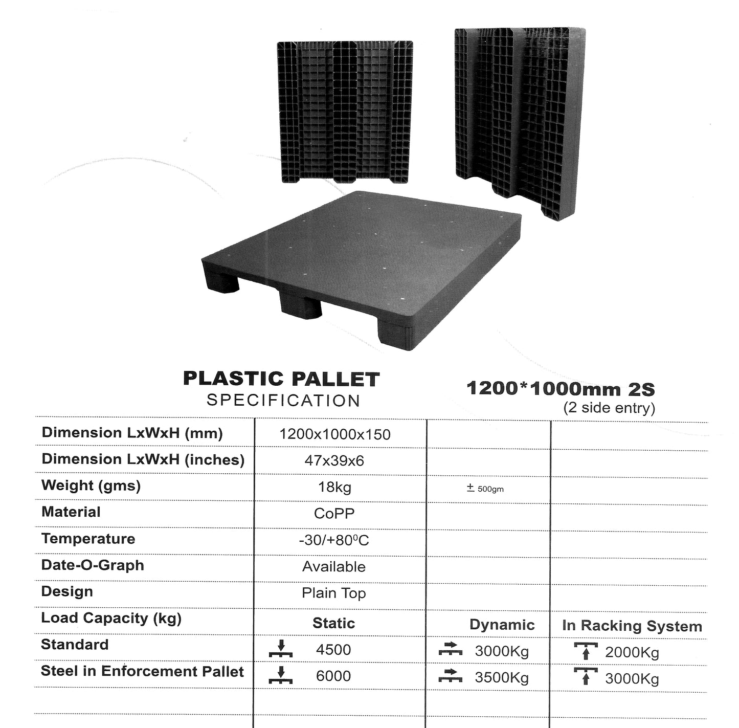 Plastic Pallet Black Color Plain Top Heavy Duty 2 Side Entry Standard 4500 kg in Pakistan